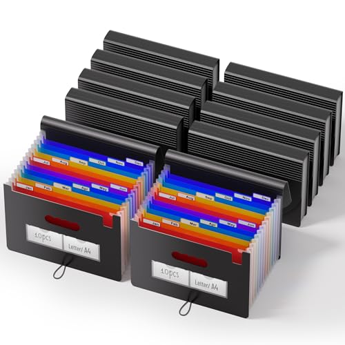 ThinkTex 10-Pack Accordion File Folders - 12 Pockets Bulk Organizer | , Heavy Duty Letter/A4 Document Holder with Color Tabs for Business Tax, School & Office & Back to School Supplies - Black - color: 10-pack-black