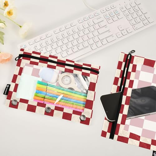 Crimson Buffalo Plaid Binder Pouches 3 Ring for Boys Girls School Office College Supplies White Chessboard Red Friebrick DarkRed Pencil Pouches Case Bag with Clear Window and Zipper 2 Pack - color: Red