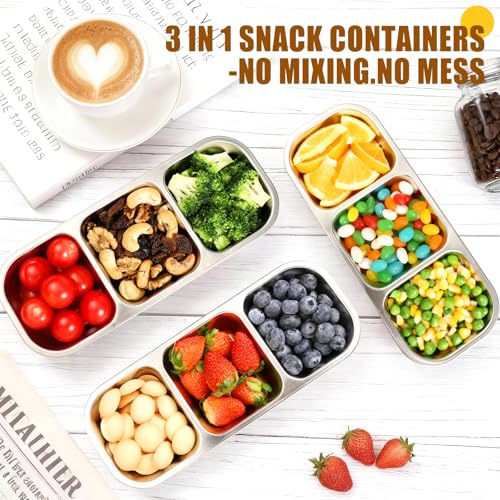 3 Pack Leakproof Stainless Steel Snack Containers with Lids, Reusable 3 Compartment Lunch Container, Stackable Snack Bento Box for Work, Travel & Picnic