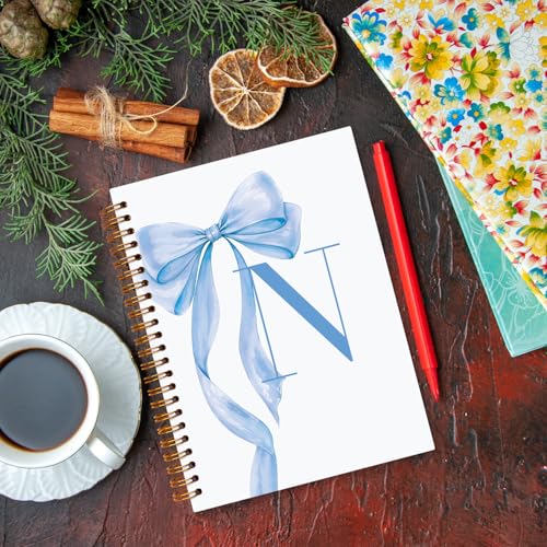 JXREQ Coquette Blue Bow Personalized Notebook, Initial Letter N Monogram Journal, Preppy Girly Ribbon Bow Journal, Monogrammed Gifts for Women, Aesthetic Spiral Notebook 5.5x8.3 - color: N Blue