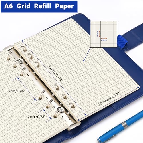 Beige A6 6-Hole Grid-Ruled Loose Leaf Refill Paper(Pre-Punched)-Fits A6 6-Ring Binder, 100GSM Thick No Bleed-through Sheets, Double Sided Writing for Fountain Pen & Gel Pen - size: Grid-A6