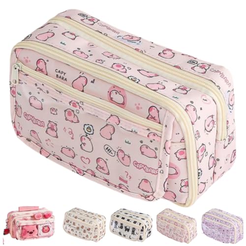 Cute Kawaii Pencil Case Pouch Cartoon Pen Box Holder Organizer for Office Workspace Supplies Desk Accessories Travel Essentials Aesthetic Trendy Cool Stuff Gift Large Capacity (Pink Kapibala) - color: Pink Kapibala