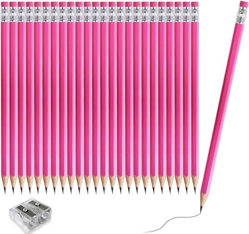 Adhere 25pcs Woodcase Pencils with Eraser Premium Pre-Sharpened Hexagon Graphite 2B pencils ideal for home, office writing including a Free Sharpener(Pink・25pcs) - color: Pink・25pcs