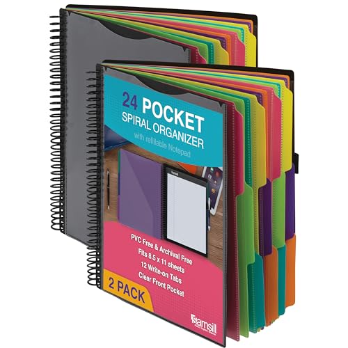Samsill 2 Pack Deluxe 24 Pocket Spiral Project Folder Organizer with 12 Dividers, Notepad, Customizable Front Cover, Erasable Write On Tabs in Fashion Colors, Plastic Folders with Pockets