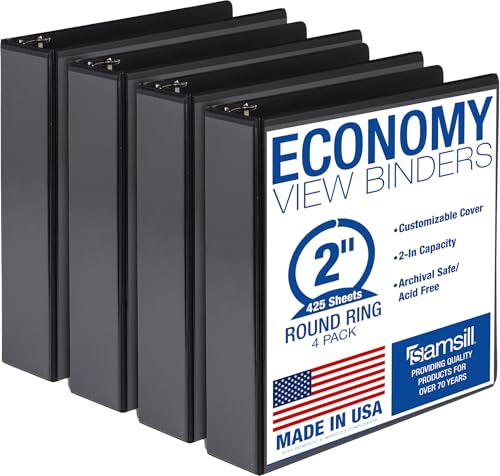 Samsill 2 Inch 3 Ring Binders, Economy Round Ring, Clear View Cover, 425 Sheet Capacity - for School, Home, Office - Black, 4 Pack - size: 4-Pack, style: 2 Inch