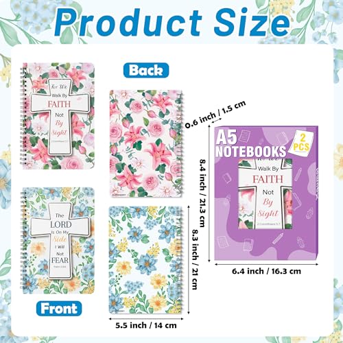 Xqumoi 2Pack A5 Floral Cross Religious Spiral Notebooks - Bible Verses Writing Notebooks, Ruled Lined Journal, Inspirational Christian Christmas Gift, Sunday School Supply (Pink & Blue) - style: D-Pink Blue Floral