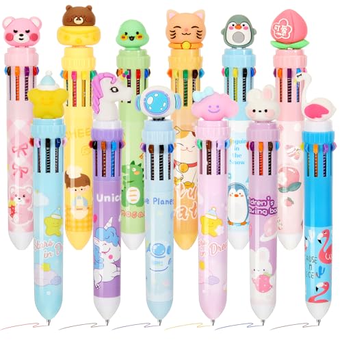 Kosiz 12 Pack 10-in-1 Multicolor Pens, Multi Colored Kawaii Cute Animal Rainbow Pens Bulk 0.5mm, Back to School Party Favors Classroom Rewards Gifts, Aesthetic Journaling Accessories(Lovely) - style: Lovely