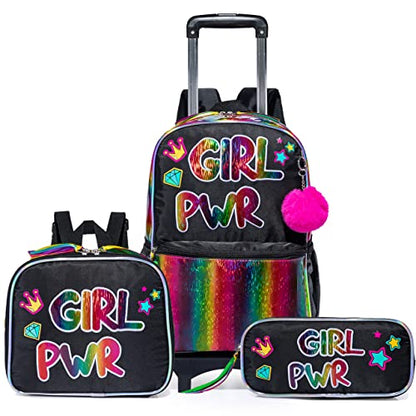 kids Rolling Kid Travel Toddler Duffle Bag Detachable Backpack for Girls Carry on Luggage Roller Computer Suitcase with Pencil Case and Lunch Box Wheels Wheeled Backpacks Girls Black - color: Black-girl Pwr