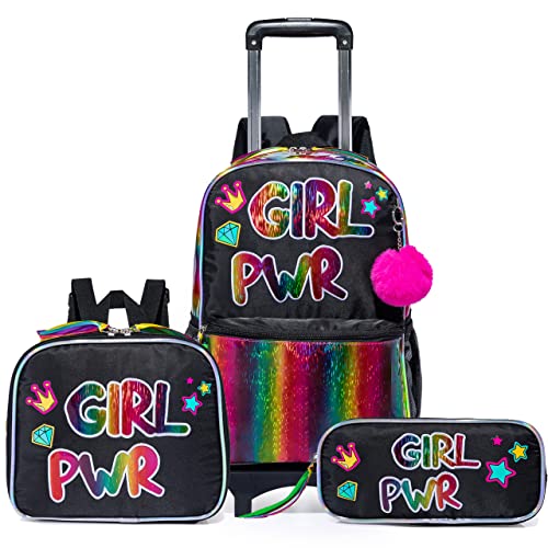kids Rolling Kid Travel Toddler Duffle Bag Detachable Backpack for Girls Carry on Luggage Roller Computer Suitcase with Pencil Case and Lunch Box Wheels Wheeled Backpacks Girls Black - color: Black-girl Pwr