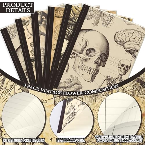 Colarr 6 Pcs Composition Notebook College Ruled Paper Vintage Composition Notebook 110 Page 7-1/2" x 9-1/4" Anatomy Medical Illustration Skull Skeleton Med Journal Radiology Tech Student - style: Anatomy