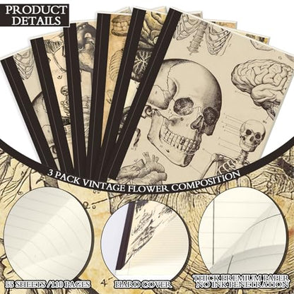 Colarr 6 Pcs Composition Notebook College Ruled Paper Vintage Composition Notebook 110 Page 7-1/2" x 9-1/4" Anatomy Medical Illustration Skull Skeleton Med Journal Radiology Tech Student - style: Anatomy