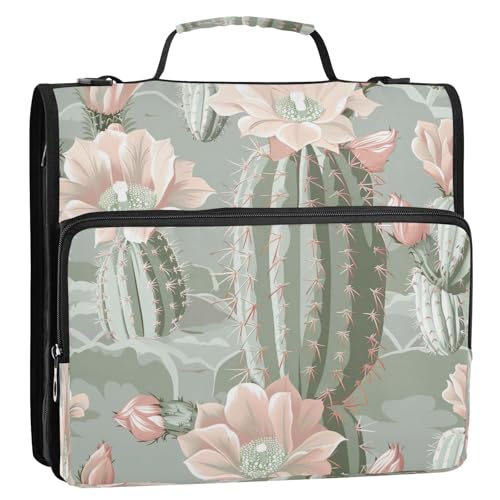 Cactus Flower Zipper Binder 3 Ring with Shoulder Strap and Handle Multiple Pockets Expanding File Folder Organizer