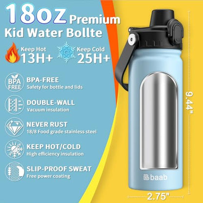 baab 18oz Kids Water Bottle, Insulated Kids Water Bottle with Lockable Spout Lid & Stickers, 18/8 Stainless Steel Vacuum Leakproof Kid Water Cup with Handle for Boy Girl & School (Light Blue, 1 Pack) - color: Light Blue, size: 18 Ounces