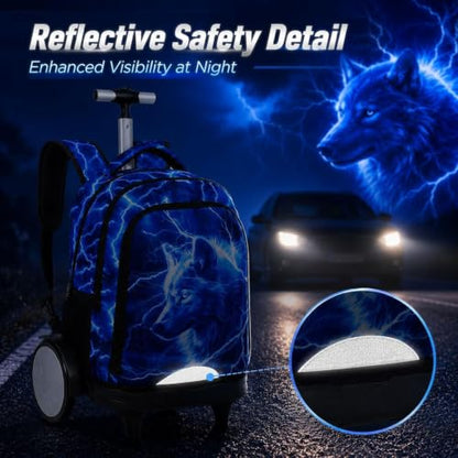 3Pcs Large Rolling Backpack for Boys, 20 Inch Detachable Wheeled Bookbag with Lunch Box, Durable Lightning Wolf Roller Backpack for Elementary Middle School (Blue) - color: Large Wheels Wolf Blue