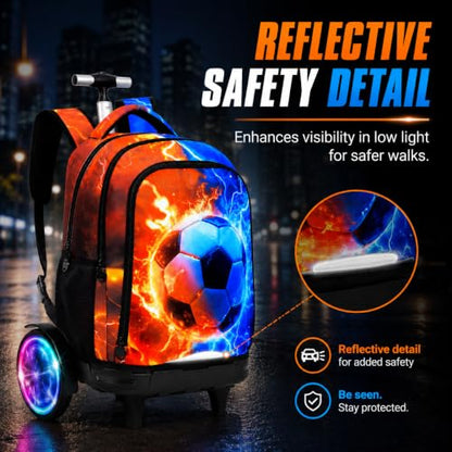 AGSDON Quiet Rolling Backpack with Lunch Box Set – Large Luminous Wheel Water‑Resistant Wheeled Bag for School, Outings, and Travel | Fire-Lightning Soccer 3‑Piece Organizer Backpack - color: Large Luminous Wheel Rolling Fire-lightning Soccer