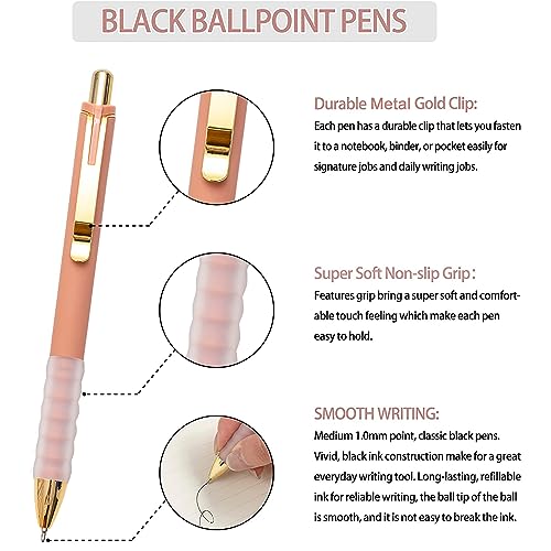 Linbsunne Ballpoint Pens Black Medium Point 1mm Pen with Super Soft Grip Ball Point Pen for Men Women Retractable Pens (gold-12 pcs) - color: gold-12 pcs