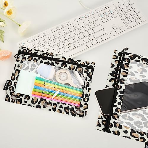 Fisyme Leopard Pencil Pouch for 3 Ring Binder Pencil Bag Pencil Case Zipper Pouch with Clear Window for Office Supplies2 Pack - color: Multi-2