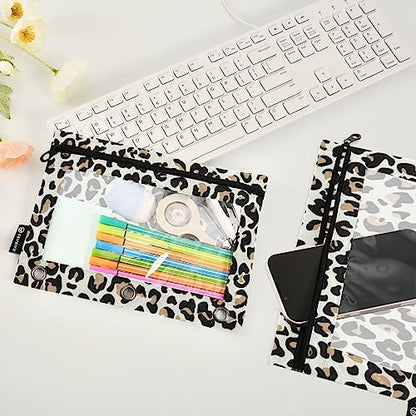 Fisyme Leopard Pencil Pouch for 3 Ring Binder Pencil Bag Pencil Case Zipper Pouch with Clear Window for Office Supplies2 Pack - color: Multi-2