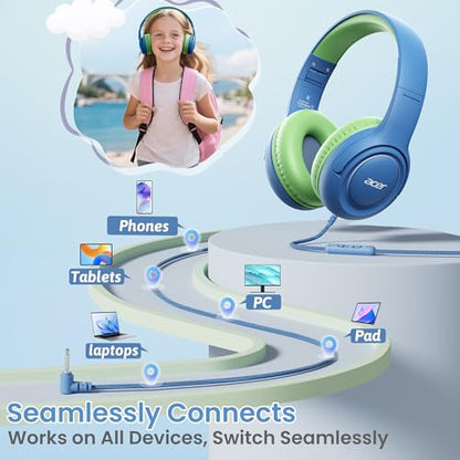 acer Kids Headphones - Over-Ear 85/94dB Volume Limiter, 3.5mm Jack Foldable Stereo Sound Headset for Toddlers Girls Boys Travel Learning Entertainment Tablet Kindle iPad PC Blue Green, HK03 - color: Blue Green