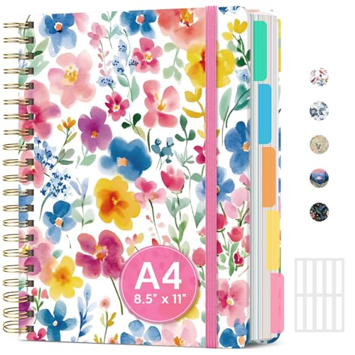 Large Lined Spiral Journal for Women Cute Hardcover 5 Subject Notebook for Work 8.5" x 11" with Removable Dividers & Tabs, College Ruled, 280 Pages Aesthetic Journal for Work, School & Note Taking, Bloom Floral - color: D - Bloom Floral