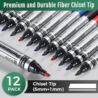 SELEAD Large Permanent Markers Black Red Blue Green - 12 Pack Chisel Tip Waterproof Quick Drying Pens Set for Home, Office, Industrial, Warehouse, Logistics Company