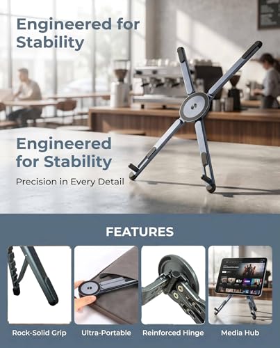 4-in-1 Foldable Laptop Stand, Magnetic Phone Holder & Multi-Angle Tablet Riser, 8-Level Ergonomic Height Adjustable Aluminum Travel Stand Compatible with MacBook, iPad, iPhone, Gunmetal Grey