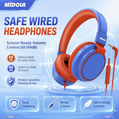 MIDOLA Kids Headphones for School Learning,Volume Limited 85/94dB, Foldable Lightweight Over-Ear Wired Headphones for Kids Toddler Girls Boys 3.5mm for Pad,Headsets with Built-in Mic Blue - color: Blue