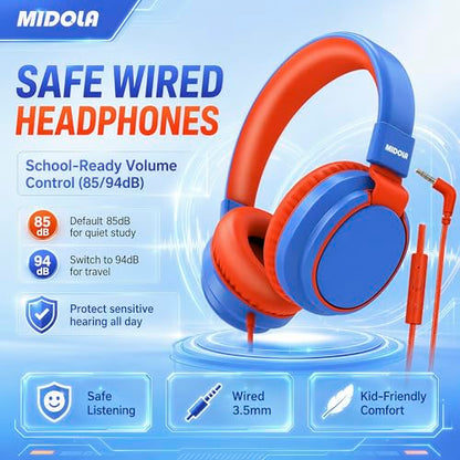 MIDOLA Kids Headphones for School Learning,Volume Limited 85/94dB, Foldable Lightweight Over-Ear Wired Headphones for Kids Toddler Girls Boys 3.5mm for Pad,Headsets with Built-in Mic Blue - color: Blue