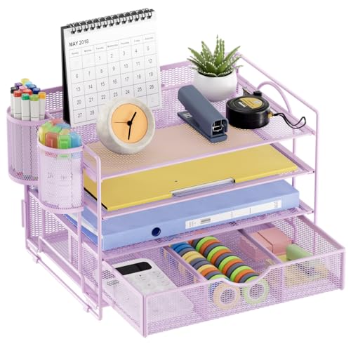 Marbrasse 4-Trays Desk File Organizer with 2 Pen Holder, Desktop Hanging File Holder with Drawer, Paper Letter Tray Organizer (Purple) - color: Purple with Pen Holder