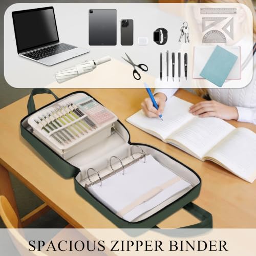 Upgraded Zipper Binder | 3-Inch & 2-Inch O-Rings, 600 Sheet Capacity Trapper Keeper with 13 Inch Laptop Sleeve & Water Bottle Holder, Binder Bag with Multi-Pockets & Shoulder Strap (Retro Green) - color: Retro Green