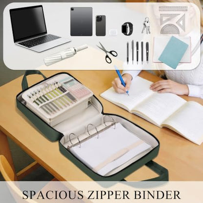 Upgraded Zipper Binder | 3-Inch & 2-Inch O-Rings, 600 Sheet Capacity Trapper Keeper with 13 Inch Laptop Sleeve & Water Bottle Holder, Binder Bag with Multi-Pockets & Shoulder Strap (Retro Green) - color: Retro Green