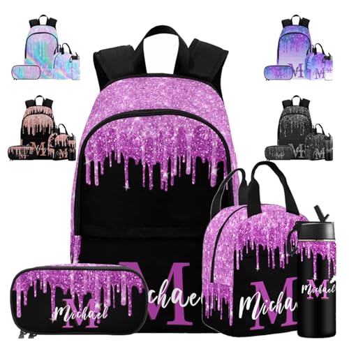 Custom School Backpack for Boys Girls, Personalized Purple Glitter Sparkle Monogram Casual Backpack Schoolbag Customized Lunch Box Bag or Bookbag for Unisex Students Back School Multipurpose Bag - color: Multi 07