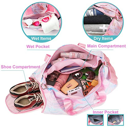 Jumpopack Dance Bag Girls Duffle Bags Teen Sports Gym Bag Weekender Sleepover Overnight Bags with Shoe Compartment and Wet Pocket - color: Marble Pink