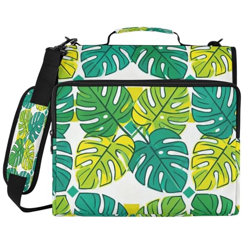 Monstera Leaves Zipper Binder with 2 Inch D-Rings Expandable File Portfolio with Shoulder Strap, Waterproof Nylon Organizer for 14" Laptop for Work College Travel