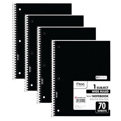 Mead Spiral Notebooks, 1 Subject, Wide Ruled Paper, 70 Sheets, 10-1/2" x 7-1/2 inches, Black, 4 Pack (38401) - color: Black, size: Pack of 4