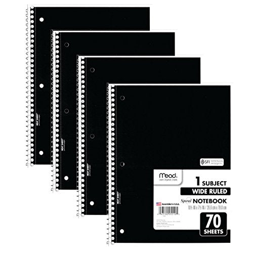 Mead Spiral Notebooks, 1 Subject, Wide Ruled Paper, 70 Sheets, 10-1/2" x 7-1/2 inches, Black, 4 Pack (38401) - color: Black, size: Pack of 4