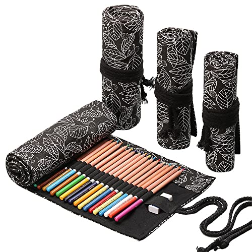 DIYOMR 24/36/72 Slots Pencil Wrap Pencil Rolls, Artist Colored Pencils Roll Up Bag Short Brushes Pouch Case Pencils Organizer for Drawing Coloring and Sketching,No Pencils (Black Leaves, 72slots) - color: Black Leaves, size: 72slots