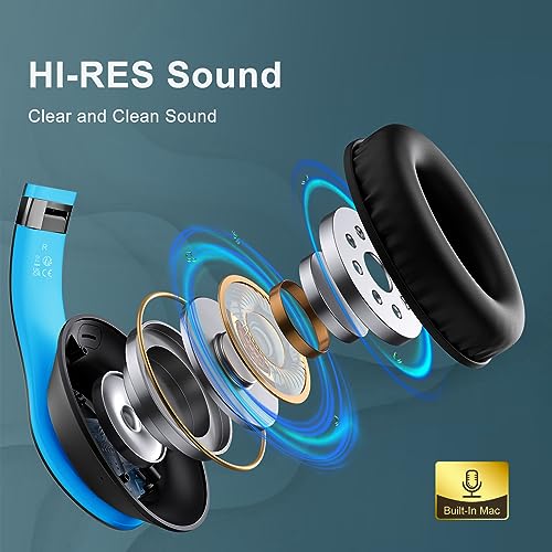 Wireless Bluetooth Headphones Over Ear 65H Playtime HiFi Stereo Headset with Microphone and 6EQ Modes Foldable Bluetooth V6.0 Headphones for Travel Smartphone Computer Laptop - color: Blue