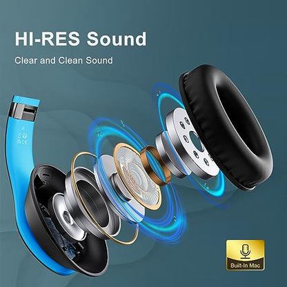 Wireless Bluetooth Headphones Over Ear 65H Playtime HiFi Stereo Headset with Microphone and 6EQ Modes Foldable Bluetooth V6.0 Headphones for Travel Smartphone Computer Laptop - color: Blue