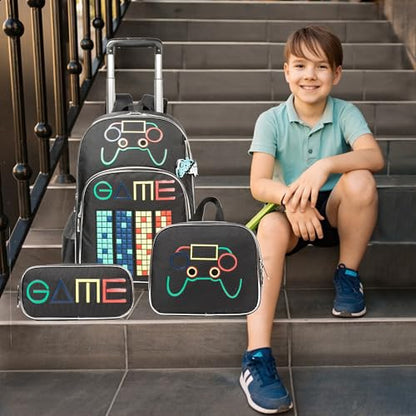 Boys Rolling Backpack for Kids 8-12 Rolling Backpack for School Boys Backpacks with Wheels for Kids Schoolbag Bookbag with Lunch Bag