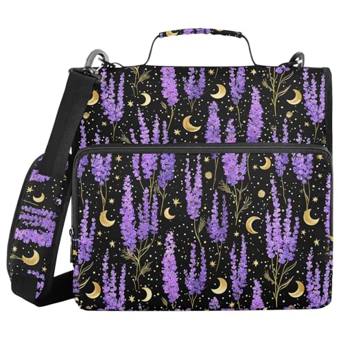 Purple Lavender Flowers Gold_Moons Stars Zipper Binder 3 Ring with Shoulder Strap 1.5 Inch Binder Holds 500 Sheets Multi-Pocket Organizer Zipper Binders Organizer for School Students Office - color: Multicolored.38