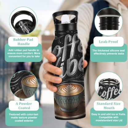 Water Bottles with Straw,Coffee Vibes Stainless Steel Cup Leak Resistant Double Wall Coffee Cup Insulated Water Bottle with Handle for Gym Cycling Hiking Office 20 oz - color: Coffee Vibes,Coffee Cup