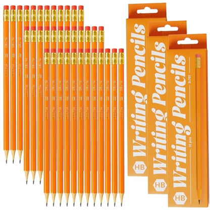 36 count #2 HB Pencils, Pre-sharpened Pencils with Eraser, 3 Pack 12pcs Number 2 Pencil for Writing, Drawing and Sketching, Ideal Back to School Supplies, Office Essentials, Yellow