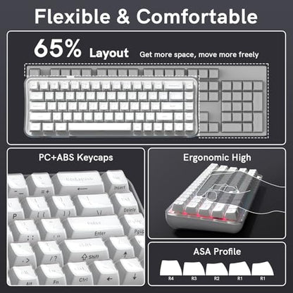 Womier Q61 PRO Wireless Keyboard with RGB Backlighting, 60% Mechanical Gaming Keyboard, Hot-Swappable Creamy Keyboard for PC, BT 5.0/2.4GHz/USB C, OEM Profile, Side-Engraved PC+ABS Keycaps - White - color: White