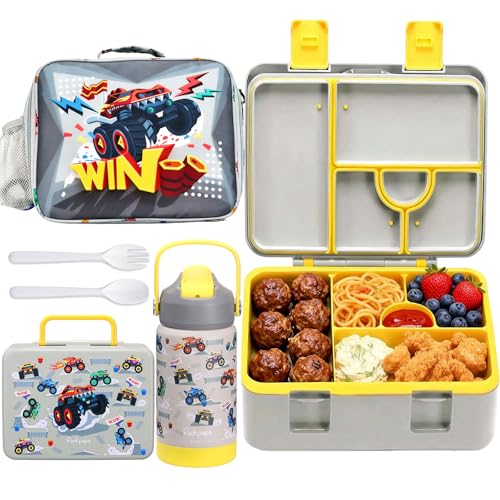 rockpapa Kids Lunch Box Set with 14oz Insulated Water Bottle & Lunch Bag, Leakproof 5.5 Cups Bento Box for School & Children, BPA-Free, Microwave Safe for Boys Girls (Grey Trucks) - color: Grey Trucks