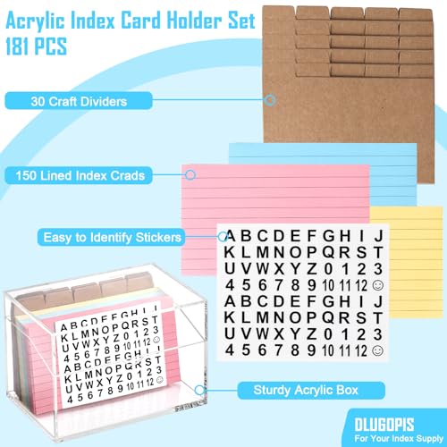 3 x 5 Inch Acrylic Index Card Holder Clear Flash Card Holder Recipe Card Box 150 Pcs Ruled Lined Index Cards 30 Pcs Kraft Dividers A to Z Stickers For Holds 400 A-Z Tabs Note Cards Business Cards - color: Clear