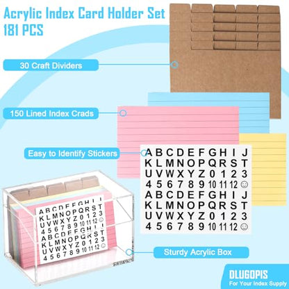 3 x 5 Inch Acrylic Index Card Holder Clear Flash Card Holder Recipe Card Box 150 Pcs Ruled Lined Index Cards 30 Pcs Kraft Dividers A to Z Stickers For Holds 400 A-Z Tabs Note Cards Business Cards - color: Clear