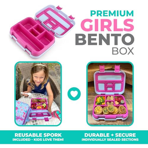 kinsho Bento Lunch Box for Kids Toddlers Girls, 5 Portion Sections Secure Lid, Microwave Safe BPA Free Removable Tray, Pre-School Kid Daycare Lunches Snack Container Ages 3 to 5, Pink Fairy Princess - color: Pink Lt Blue Fairy