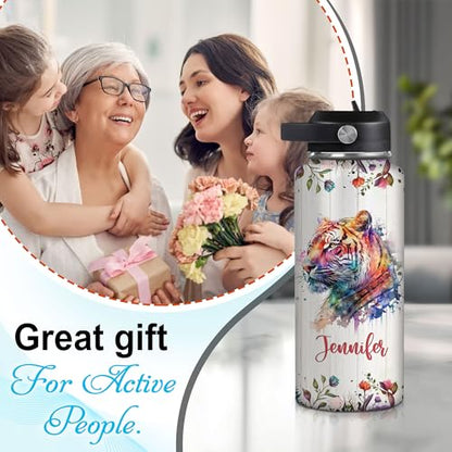 Hyturtle Personalized Tiger Water Bottle - Insulated Stainless Steel Bottle with Leak-Proof Lid 18oz 32oz - Floral Gift for Women, Girls, Tiger Lovers, Animal Lovers - Birthday & Christmas Gift - color: Tiger