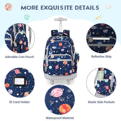 Rolling Backpack for Boys, 3PCS Roller School Backpacks for Boys with Lunch Bag and Pencil Pouch, Kids Bookbag School Bag with Wheels for Kindergarten Elementary Middle School Travel - color: Grey Space